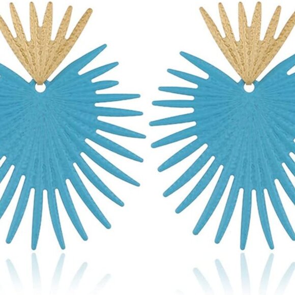 “Radiance” Baby Blue Gold Heart Crown Sunburst Beam Ray Regal Royal Earring - Picture 2 of 3